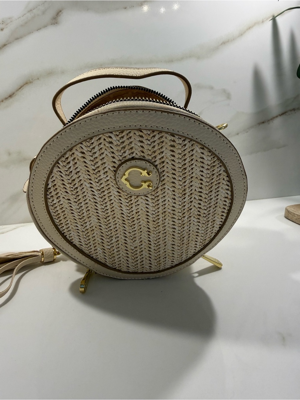 C. Wonder Beige and Tan Round Straw Crossbody